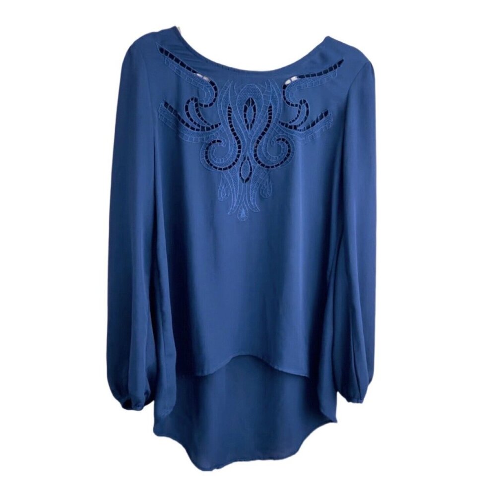 Eyeshadow Blue Swirled Design Embroidered Top Hi Low Blouse Zipper Back Size M